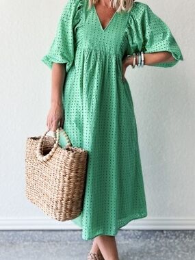 a new day Bright Green Eyelet V-Neck Midi Dress